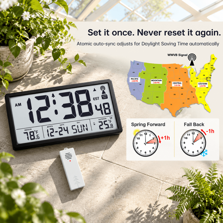 Black Atomic Wall Clock with Indoor/Outdoor Temperature Display, 15.67 ...