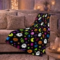 thumbnail image 6 of Playful Neon Ghosts Pumpkins Black, Festive Halloween Scene, Warm Flannel Blanket for Living Room and Reading Nook, Art Lovers Halloween Gift, Festive Home Decor, 6 of 9
