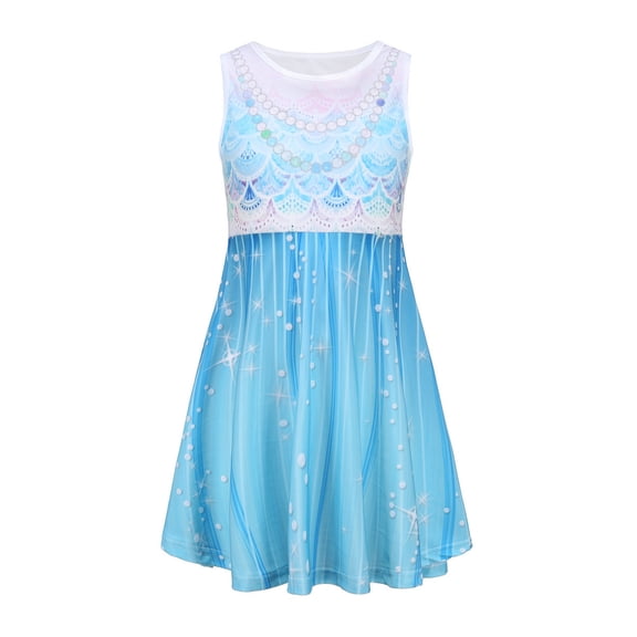 Gunia Girls Hawaiian Dress Sleeveless Round Neck Floral Printed Casual Home Party Beach Sundress For Toddler Kids Youth Teen Sky Blue Dress For Girls 3-12 Years