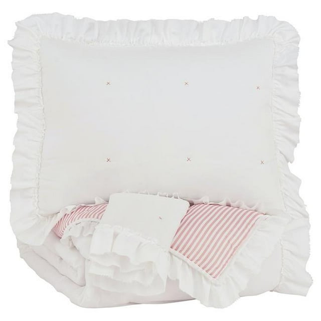 Benjara BM226597 Ensemble de Couette Réversible en Tissu à Bordure à Bride avec 2 Shams&44; Blanc - Taille Réelle