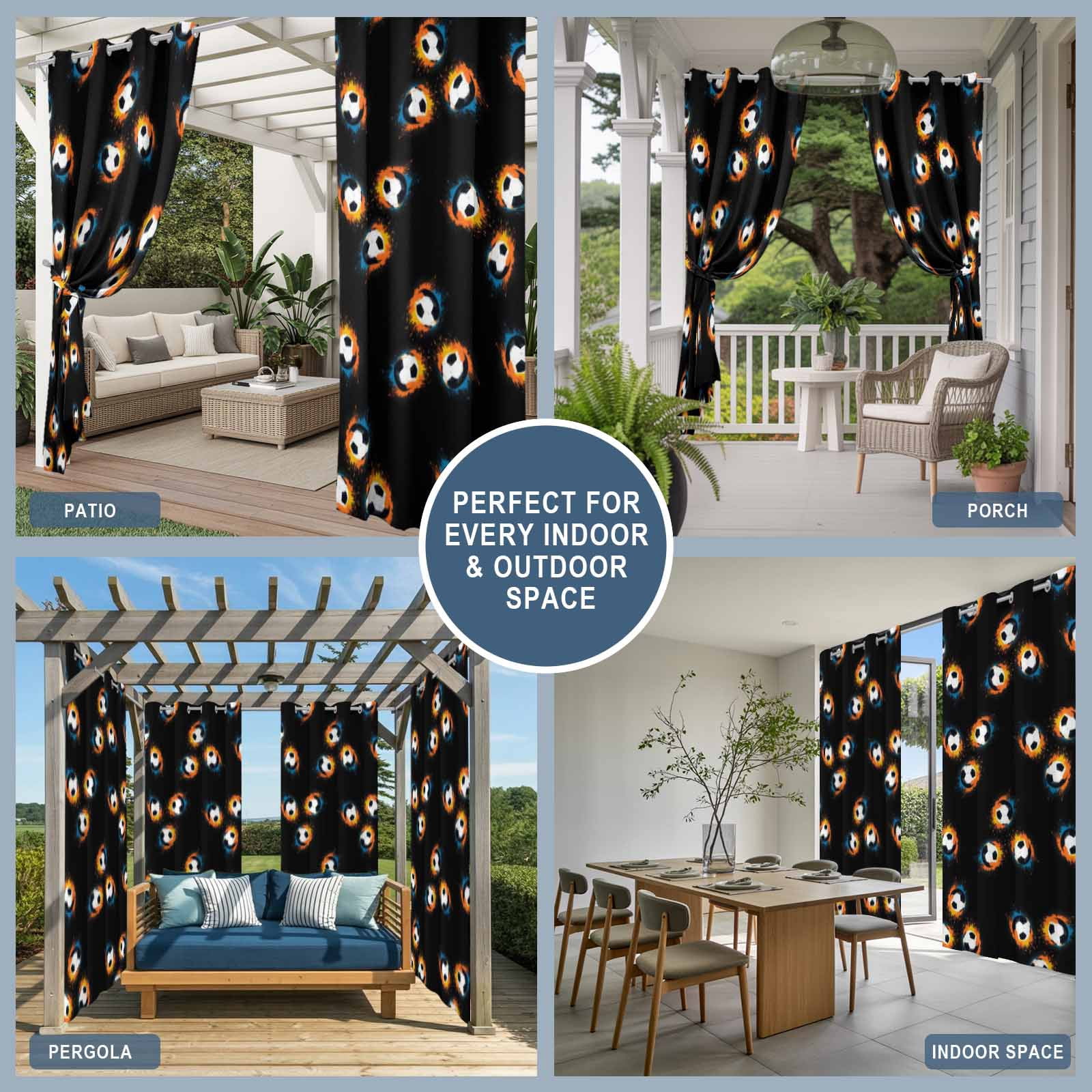 Soccer Ball Outdoor Curtains for Patio, Sports Athletic Fiery Trails Soccer Brown Background Sunshade Privacy Drapes Grommet Waterproof Outside Curtains for Porch/Cabana/Balcony 54"x 108", 1 Panel