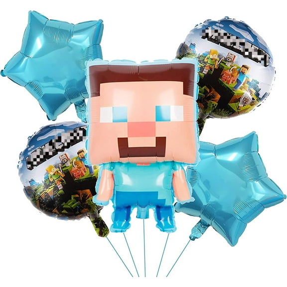 5 PCS Pixel Mining Balloons, Pixel Style Gamer Party Supplies Minecraft Balloons Birthday Party Balloons