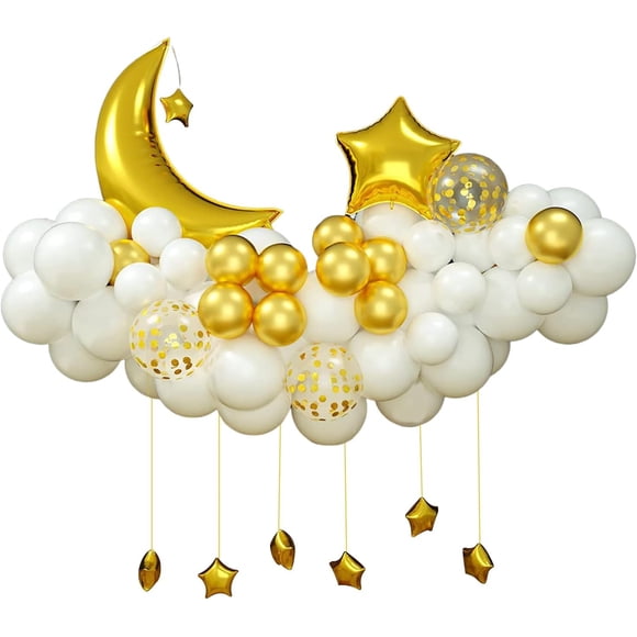SINGOMON 54PCS Moon Star Balloon Garland Balloon Arch Kit DIY White Gold Balloons for Birthday, Eid Decorations,Gender Reveal Decorations, Baby Shower Decorations, Eid Decorations