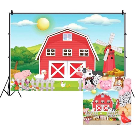 Farm Red Barn Theme Cute Backdrop Cartoon Farm Animals Theme Background Party Supplies Green Pastureland Barnyard Harvest Scenery for Baby Shower Kids Birthday Cake Table Banner Photo Shoot Props