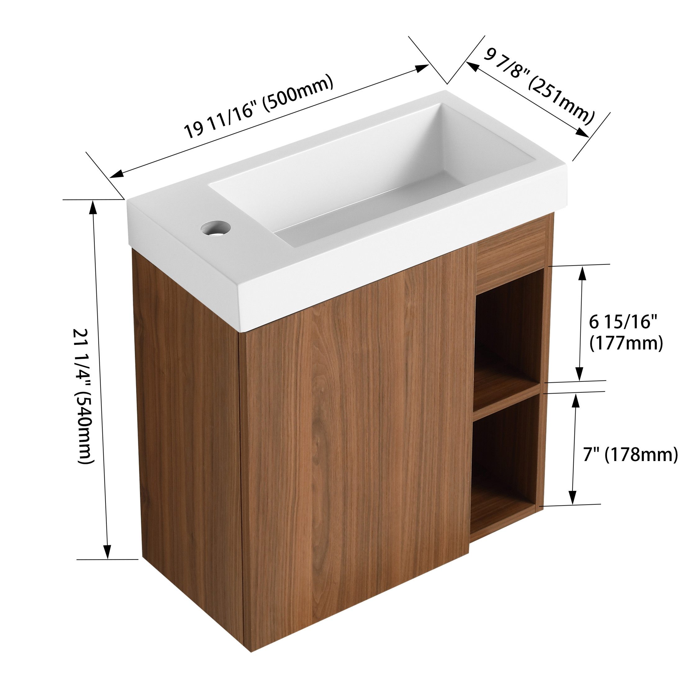 Noble House 20" Floating Bathroom Vanity, White Resin Sink, Soft-Close Door, Open Shelves, Wall-Mounted, Walnut