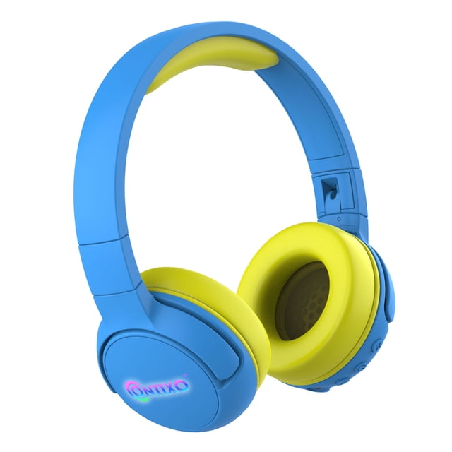 Contixo Kid Safe 85dB On Ear Auriculares inalámbricos Bluetooth plegables, microteléfono incorporado, entrada y salida de audio (azul + amarillo)