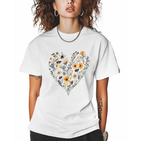 T Shirts for Women Short Sleeve Cotton Crewneck T-Shirt, Heart Shape Floral Daisy Tee Tops Casual Basic T-Shirts, XS-5XL White XS
