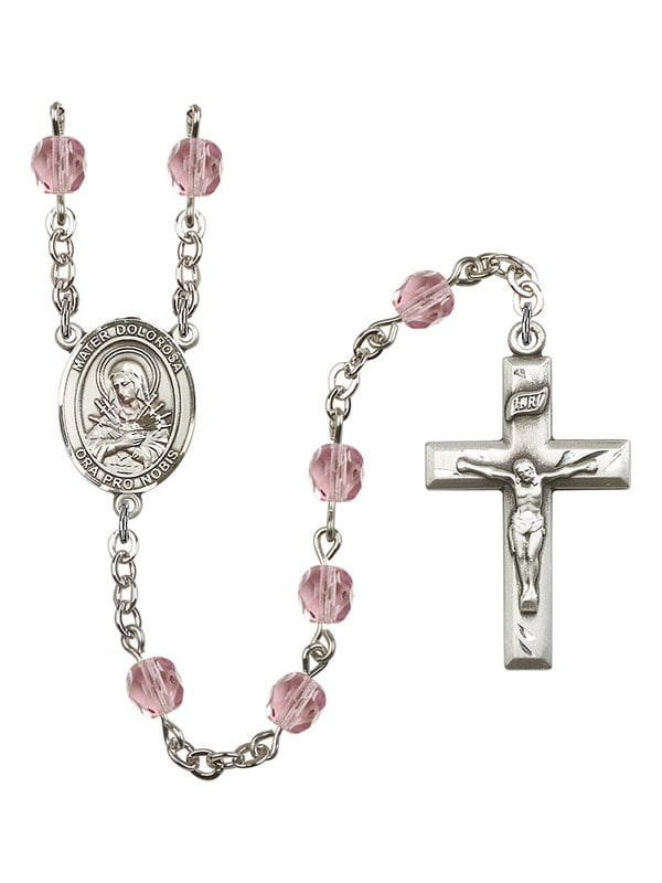 18-Inch Rhodium Plated Necklace with 6mm Light Amethyst Birthstone Beads and Sterling Silver Mater Dolorosa Charm. 