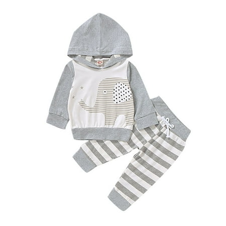 

Kucnuzki 6 Months Baby Boy Winter Outfits Pants Sets 9 Months Long Sleeve Carton Elephant Prints Casual Hooded Tops Elastic Stripe Prints Pants 2PCS Set Gray