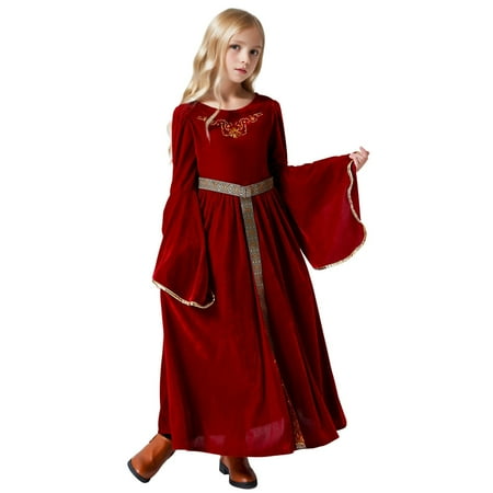 

LIhncine Girls Dress Toddler Girls Regency Dresses Lace Ruffled Classical Puff Long Sleeve Costome Empire Waist Dress Belt Neckerchief Gown (Red 8-9 Years )