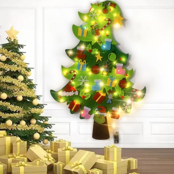 Felt Christmas Tree for Toddlers, Felt Christmas Tree for Kids DIY Christmas Decorations, Felt Toddles Christmas Tree for Kids Xmas DIY Wall Hanging, Children Gift with String Light