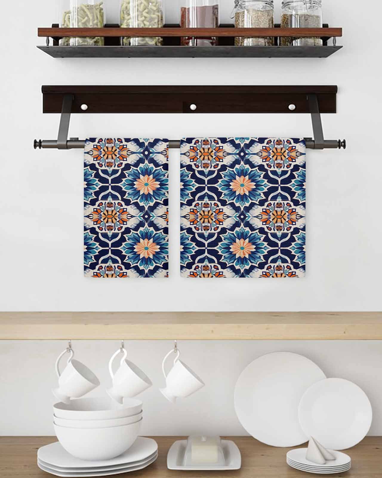Orange Blue Hand Towels Set,Waffle Weave Kitchen Towels 4 Pieces,Morocco Boho Abstract Floral Ethnic Tribal Microfiber Hair Face Bath Tea Towel Absorbent Quick Drying Cleaning Dish Cloths,15.7"x23.6"