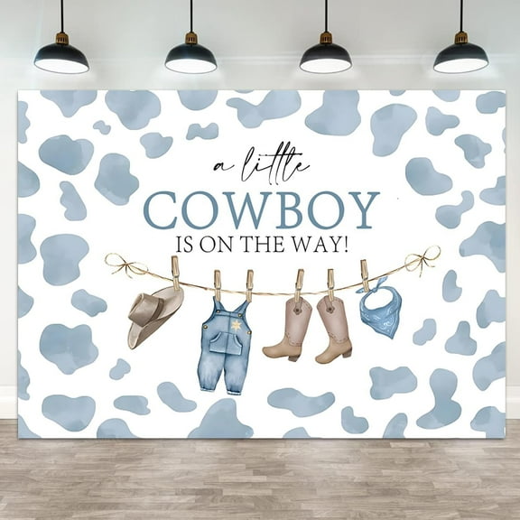 Baby Shower Backdrop A Little Cowboy is On The Way Photography Background Wild West Rodeo Blue Clothes Hat Boots Cow Birthday Party Banner Decorations Newborn Parties Photo Booth Prop