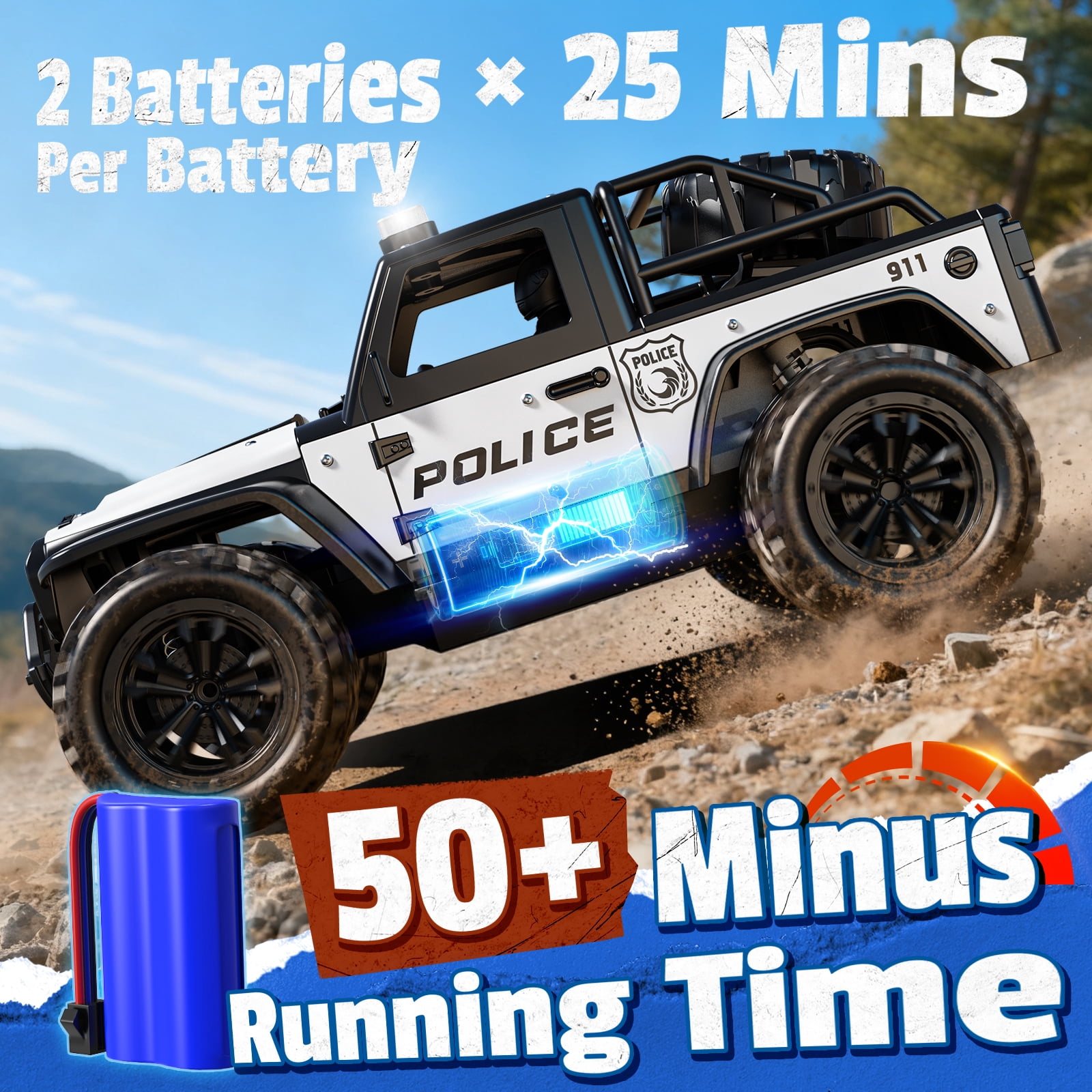 WeFone 1:16 Remote Control Car, 2.4GHz 20KM/H Speed RC Truck with LED Headlight, Off-Road RC Truck, 2 Batteries, Outdoor Play, Best Gift for Kids