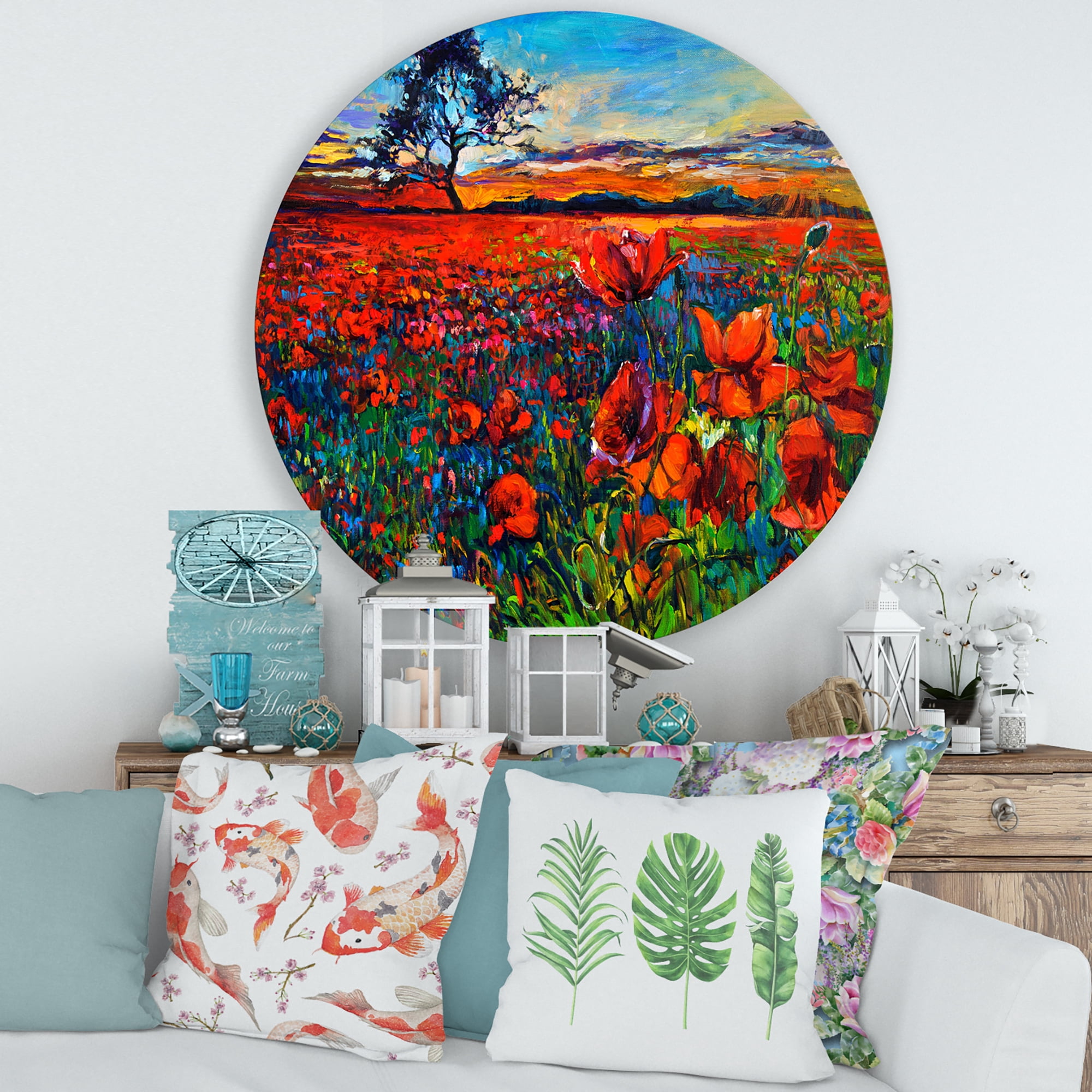 Designart 'Blossoming Red Poppy Fields With Distant Tree' Traditional Circle Metal Wall Art 29x29 - Disc of 29