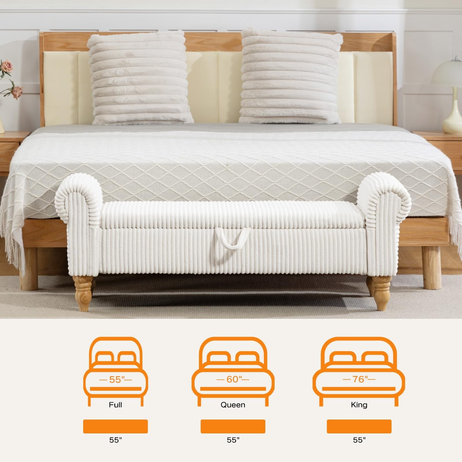 51.5" Storage Ottoman Bench, Upholstered Corduroy End of Bed Bench with Hidden Storage for Bedroom, Entryway & Living Room, White