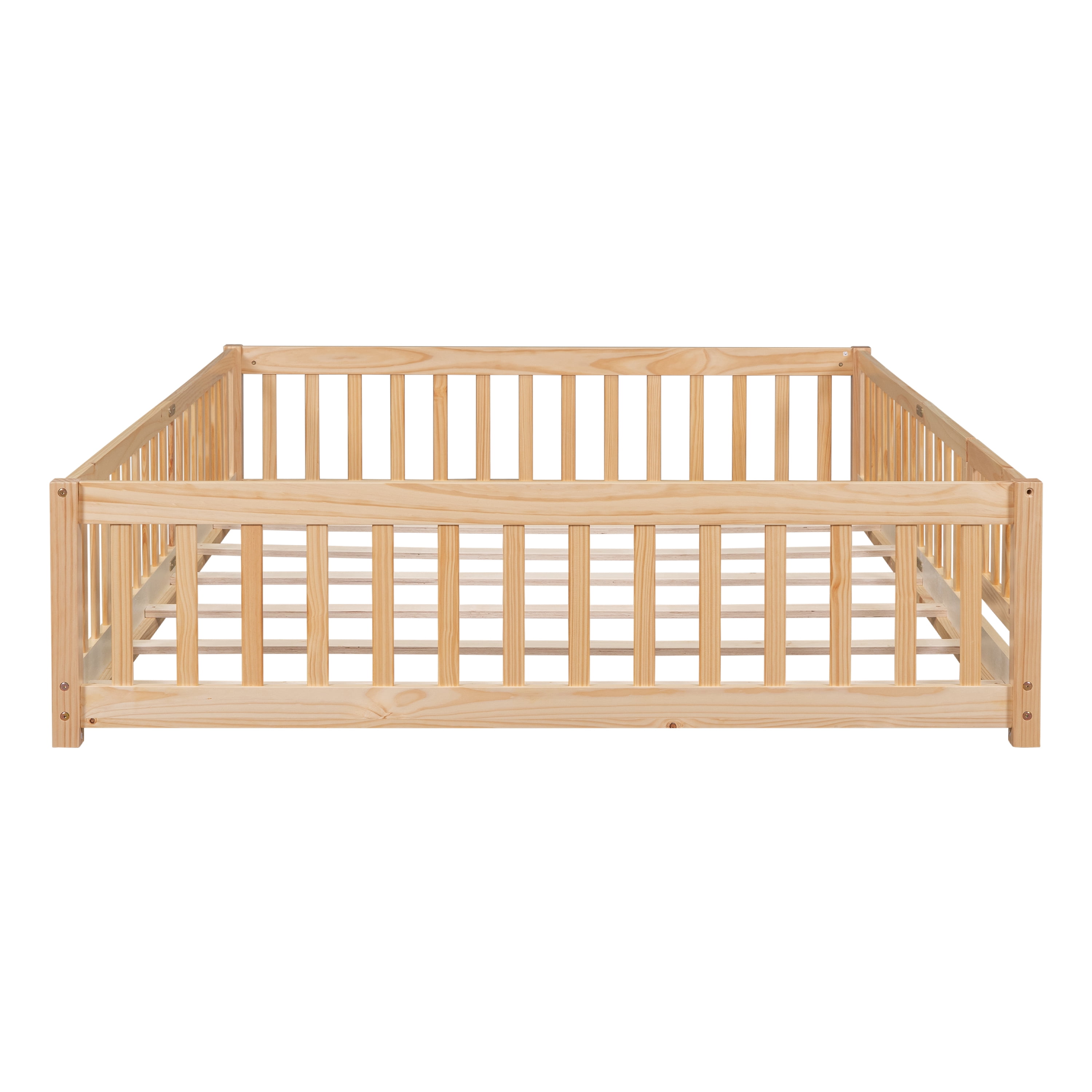 Miniyam Wood Queen Size Floor Bed with Safety Guardrails for Toddler, Natural