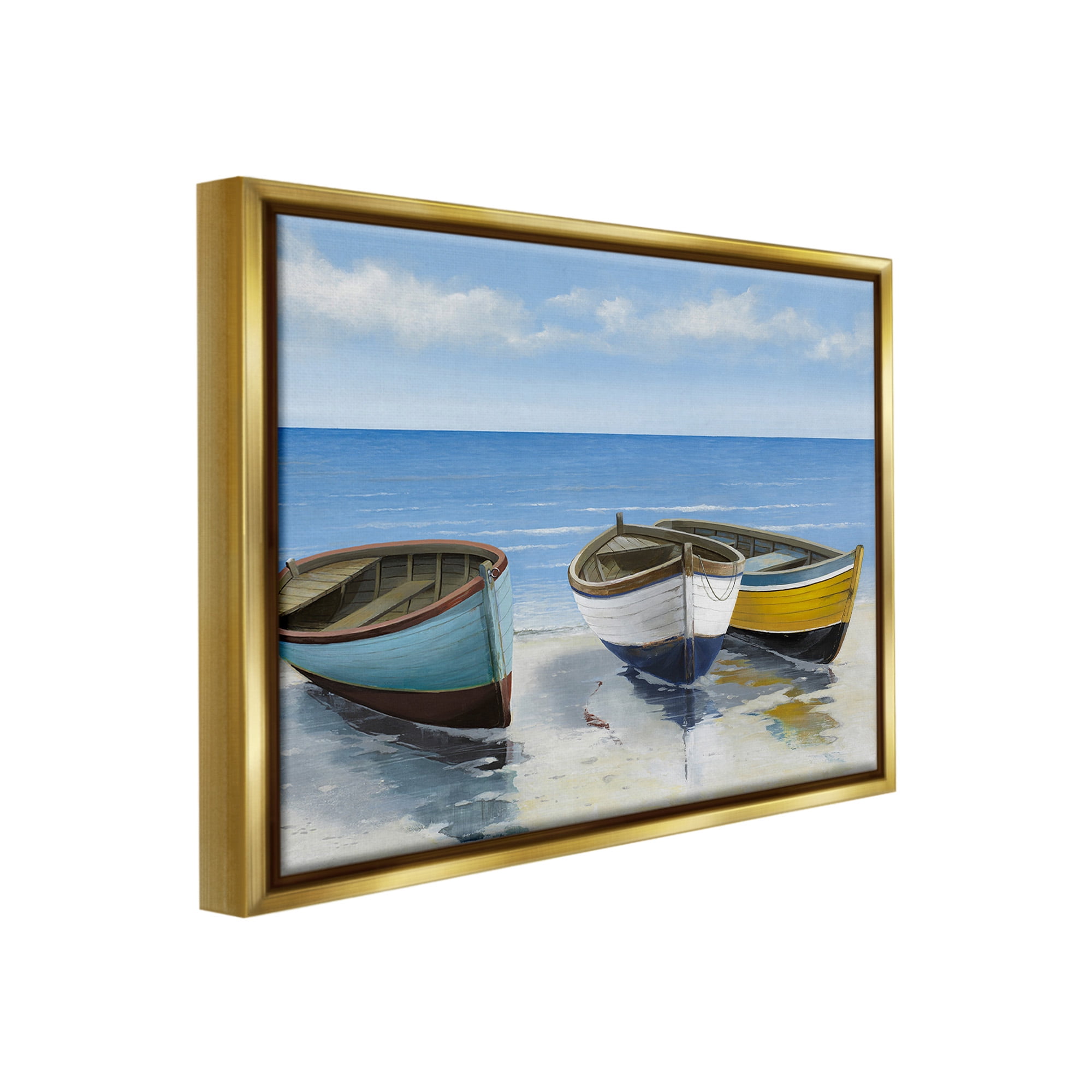 Stupell Industries Coastal Rowboats on Shore Transportation Painting Gold Floater Framed Canvas Art Print Wall Art, 21 x 17