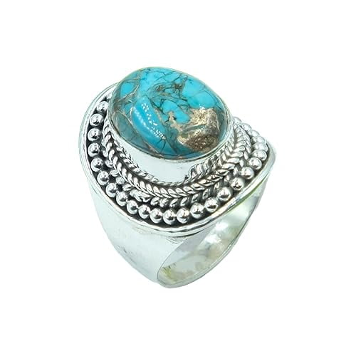 Copper Blue Turquoise 925 Sterling Silver Handmade Large Stone Ring Gift Jewelry For Men And Women