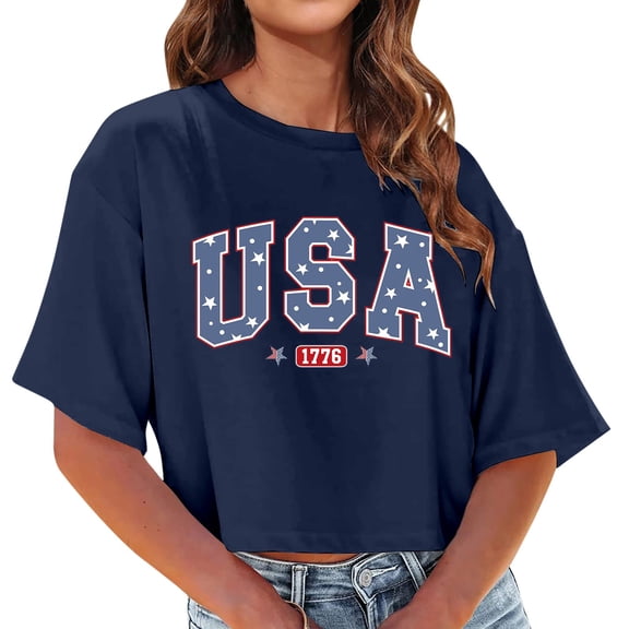 4th of July T-Shirts for Women's Independence Day Patriotic Graphic Ladies Short Sleeve Round Neck Short Printed T Shirt Top Navy S
