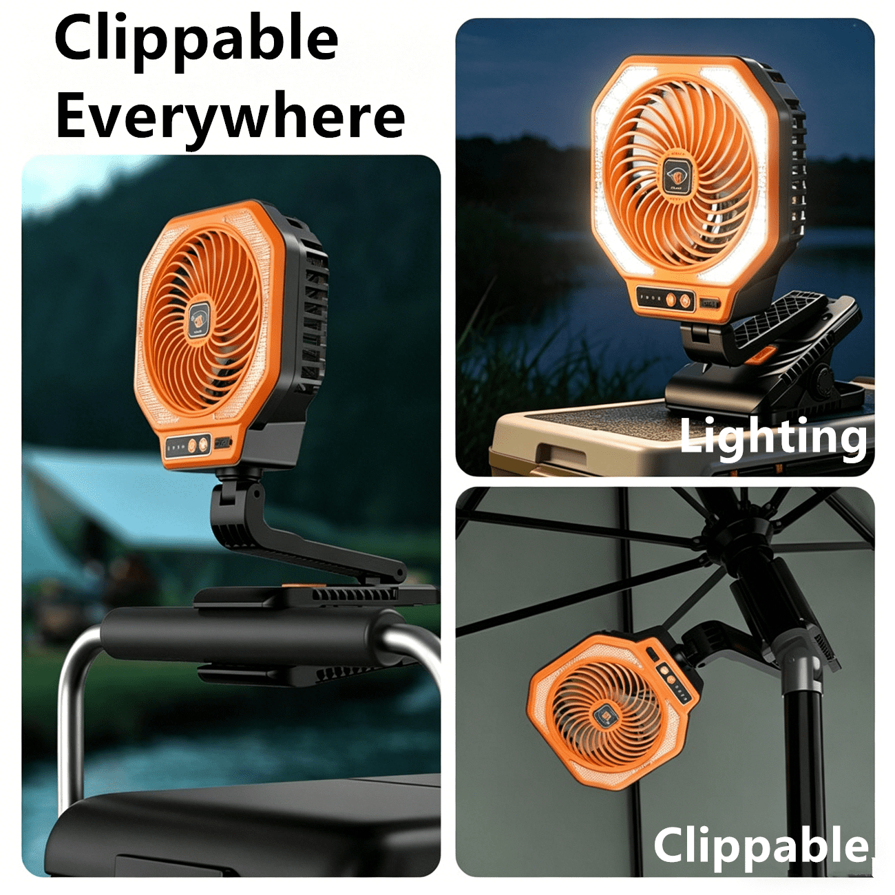 USB Rechargeable Camping Fan Portable Outdoor Foldable 3 Levels Tent Fan W/ LED Light