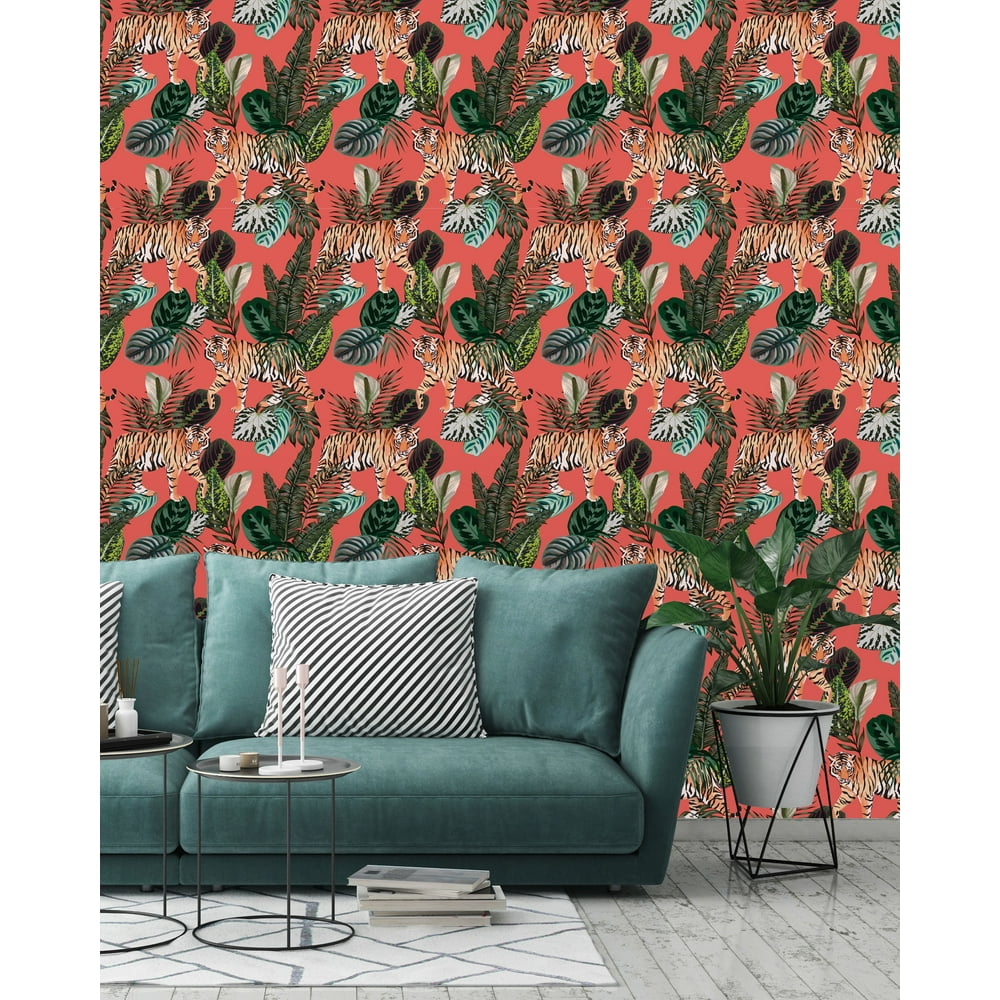 Tiger in the Tropical Jungle Peel and Stick Wallpaper - Walmart.com