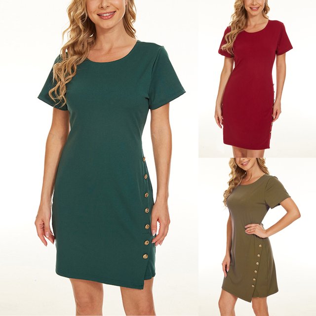 Gspmoly Robes pour Femmes, Mode Femmes Été Bouton Uni Diamants Robe à Manches Courtes Robes de Soirée pour Femmes Offres des Fêtes