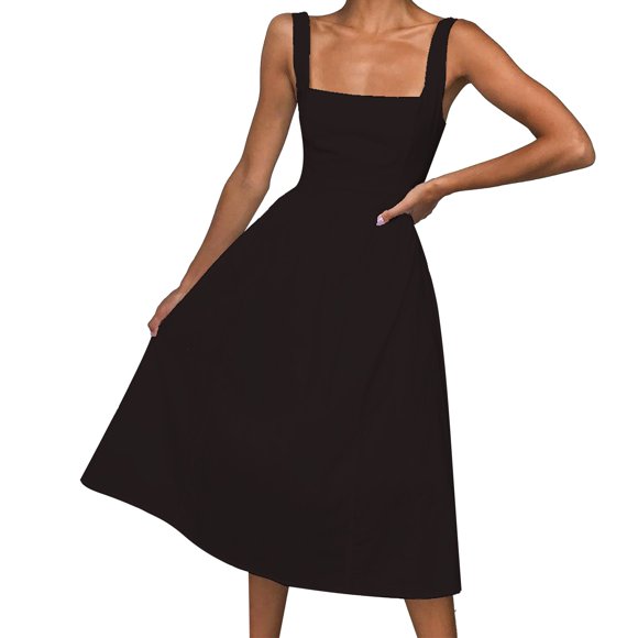 Prolriy Spring Summer Dresses for Women 2025 Casual Dress for Women Square Neck Spaghetti Strap Solid Sleeveless Summer Loose Dress Sundresses for Women, Womens Dresses Black XL