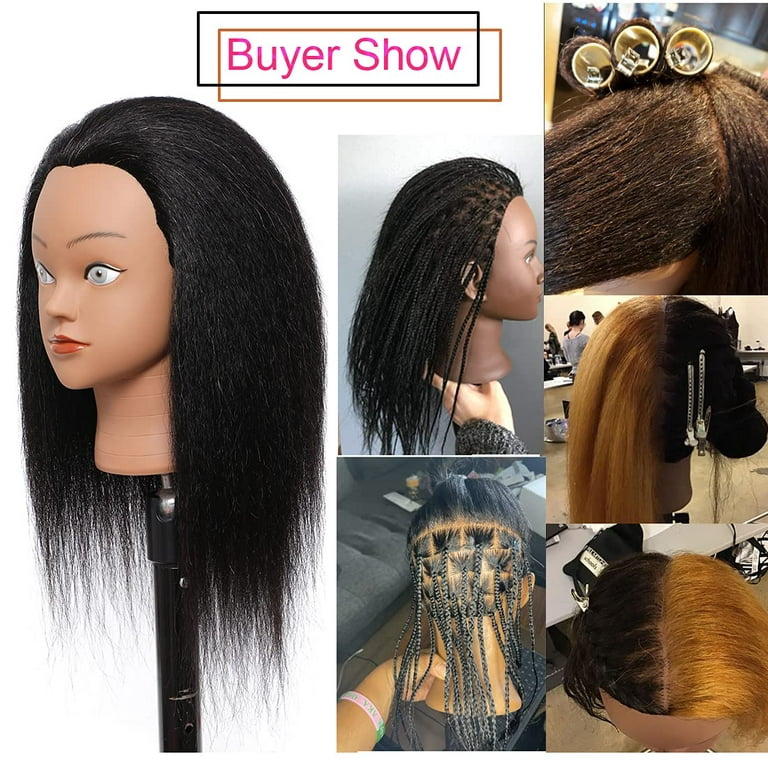 100% Real Hair Mannequin Head Training Head Manikin Cosmetology Doll Head  for Hairdresser Practice Braiding Hair Styling with Clamp stand (14 inch