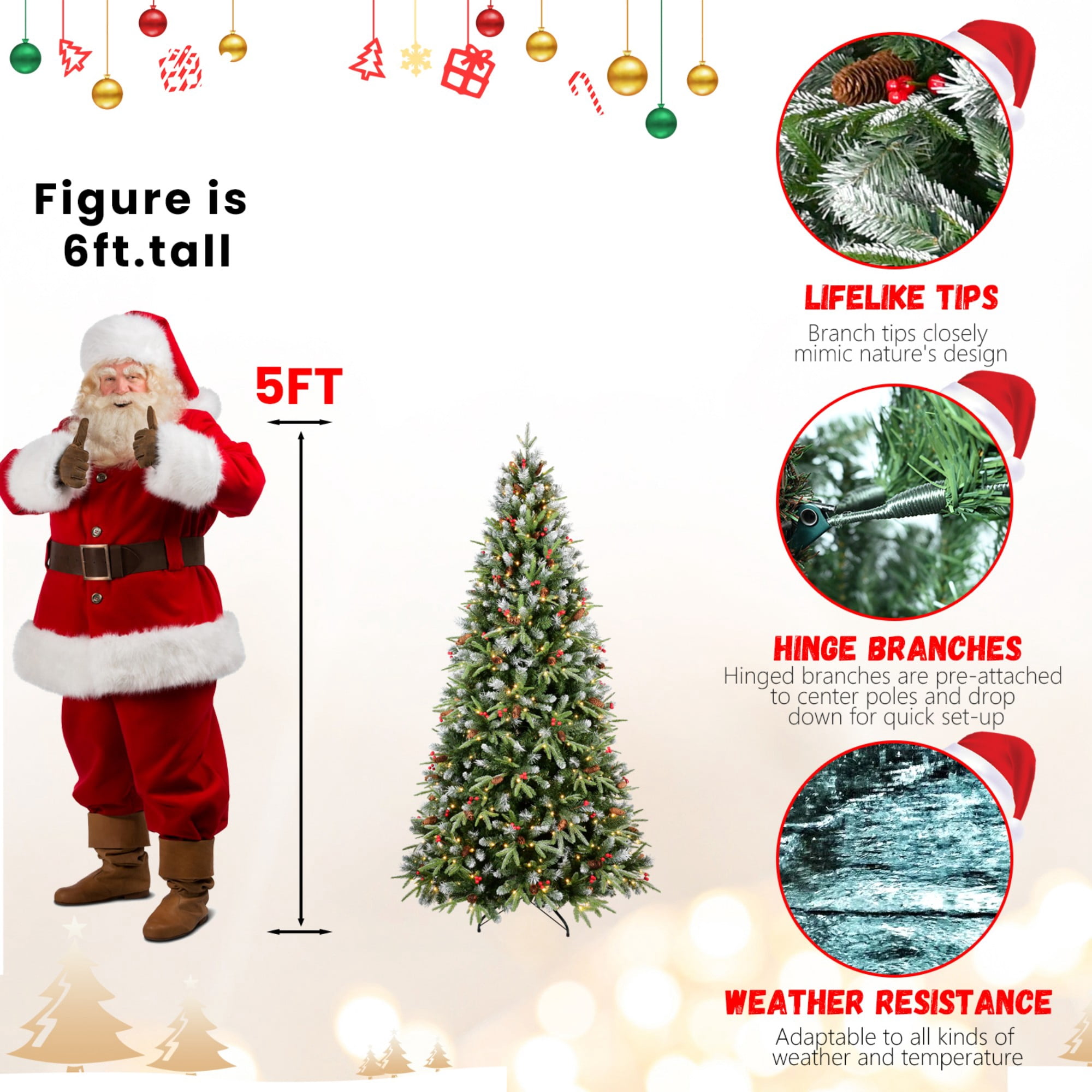 DEALTOPS 5 FT Pre-Lit Snow-Tipped Christmas Tree with Red Berries, Pine Cones, 250 Warm White LEDs & 1131 Tips
