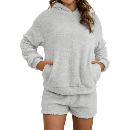 

HUBERY Women Hooded Long Sleeves Solid Color Pocket Fuzzy Sleepwear Set