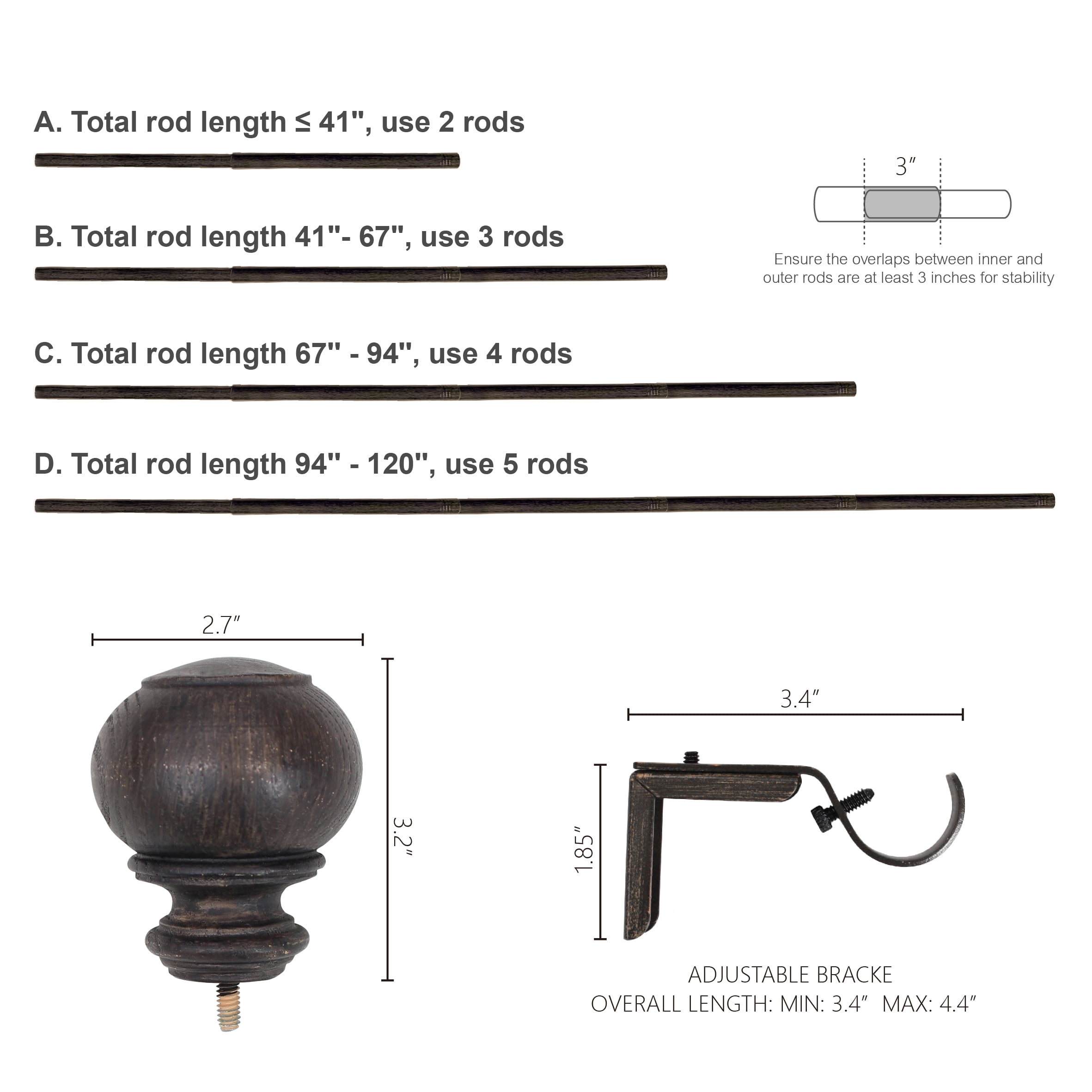 Better Homes & Gardens 1" Faux Tobacco Oak Knob Single Curtain Rod, 32-120"