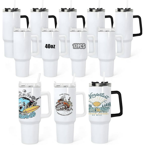 12 Pack 40 oz Sublimation Tumbler with Handle, Stainless Steel Sublimation Tumblers Blank with Lid and Straw, Double Wall Vacuum Insulated Travel Sublimation Mug, White Car Cup Bulk