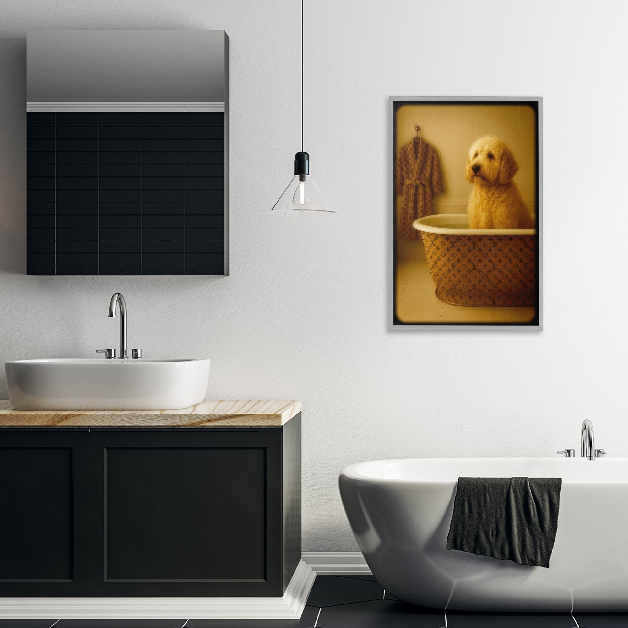 Stupell Industries Couture Dog in Luxury Tub Gray Framed Giclee Art, design by Grotto Studios