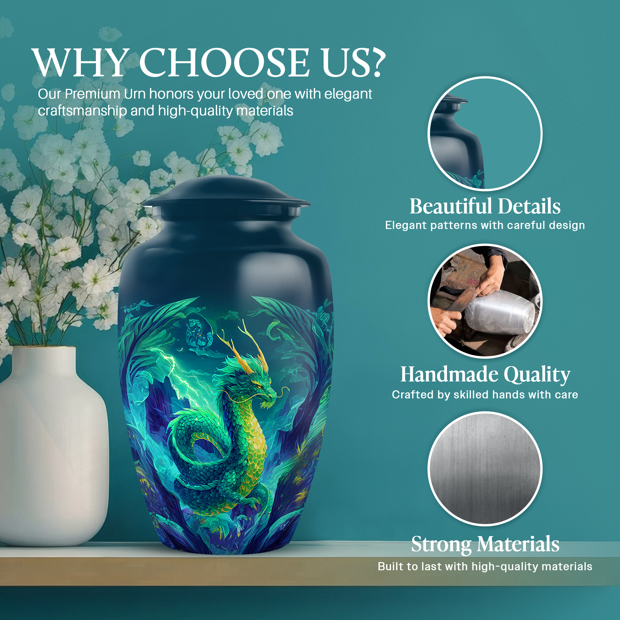 SABURIAL Dragon Urn - Memorial Funeral Urn For Men Ash - Decorative Burial Urns For Ashes Adult Male Ash - 10 Inch - Adult Urns For Human Ashes Women