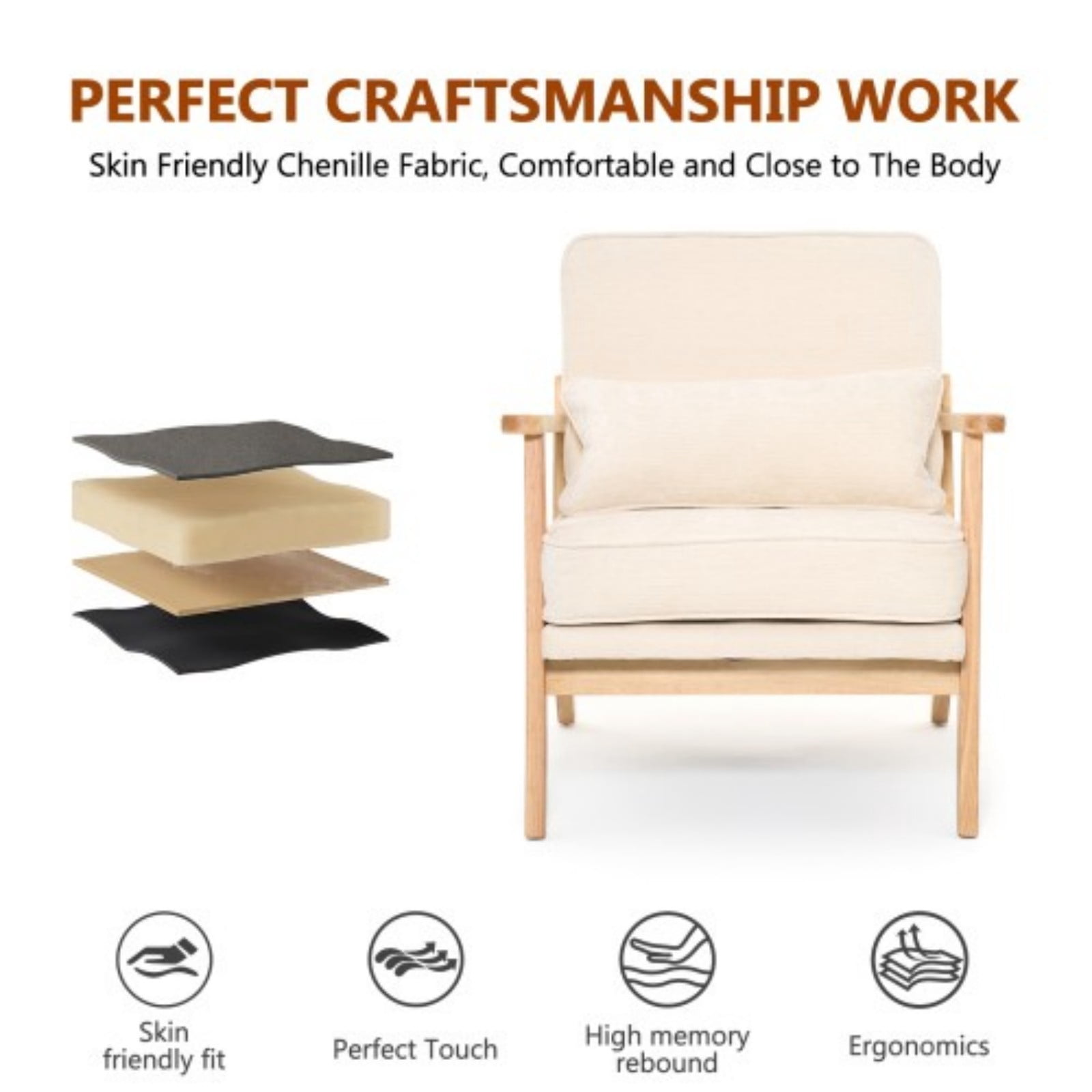Mid-Century Modern Lounge Chair Single Living Room Chair with Lumbar Pillow, Upholstered Accent Chair with Straight Wood Armrests for Bedroom Indoor, Beige