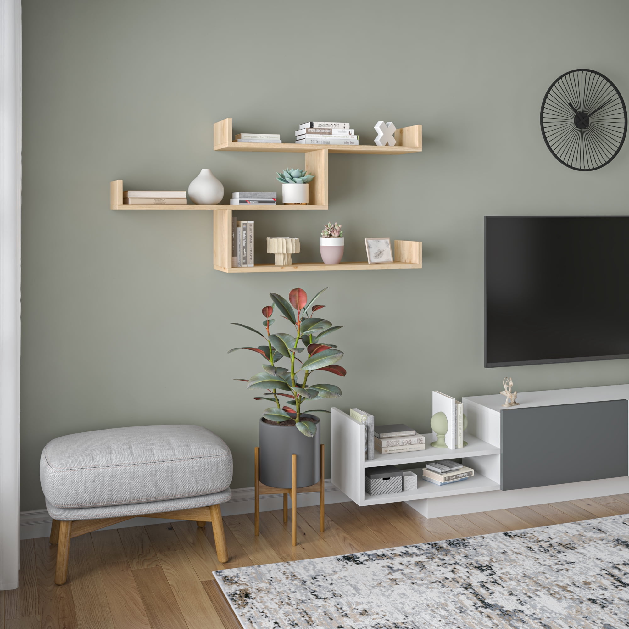 Ada Home Decor Furniture 47" 3 Tier Oak Wilton Modern Wall Shelf