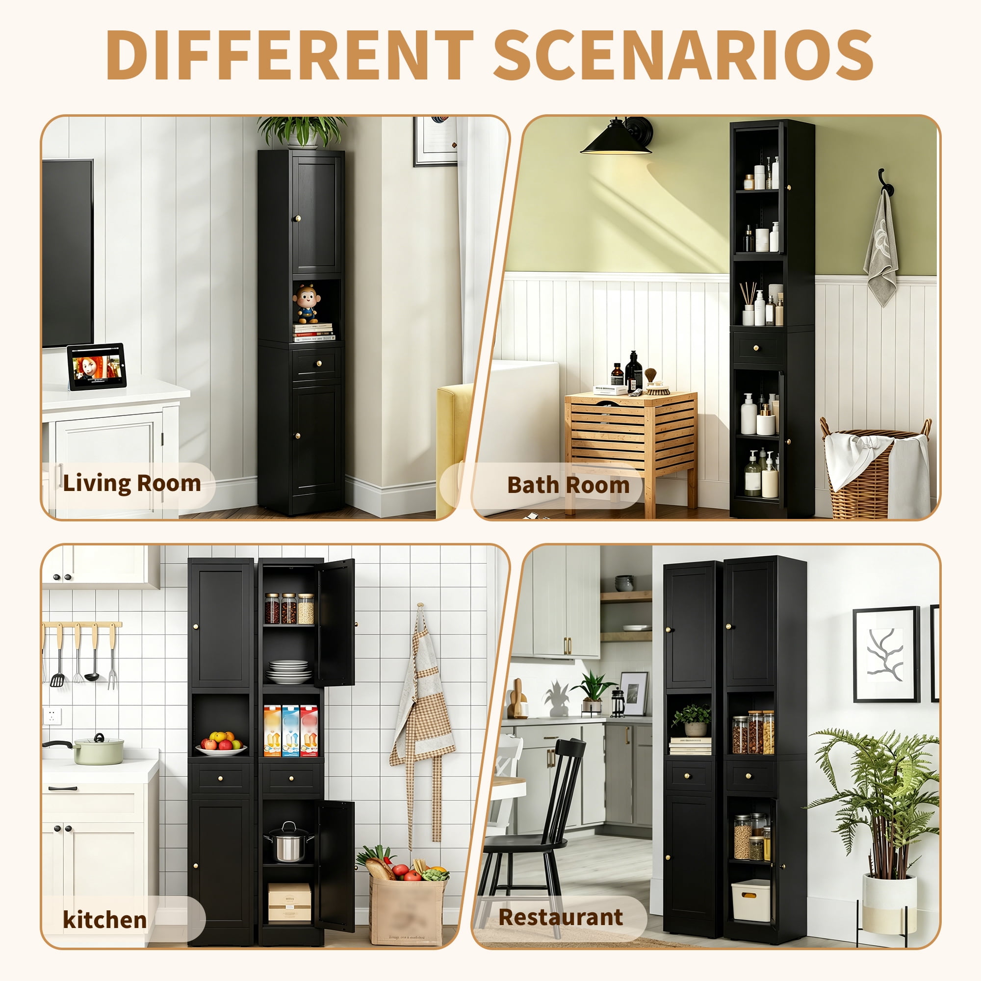 Leumius 71 Inch Tall Bathroom Storage Cabinet,Freestanding 5-Tier Narrow Metal Cabinet with 2 Doors & Adjustable Shelves for Kitchen Living Room Bathroom,Black