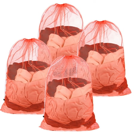24x36 IN Mesh Laundry Bags with Drawstring [4PCS] - Large Durable Washable Laundry Hamper Liner - [Orange] Mesh Bags