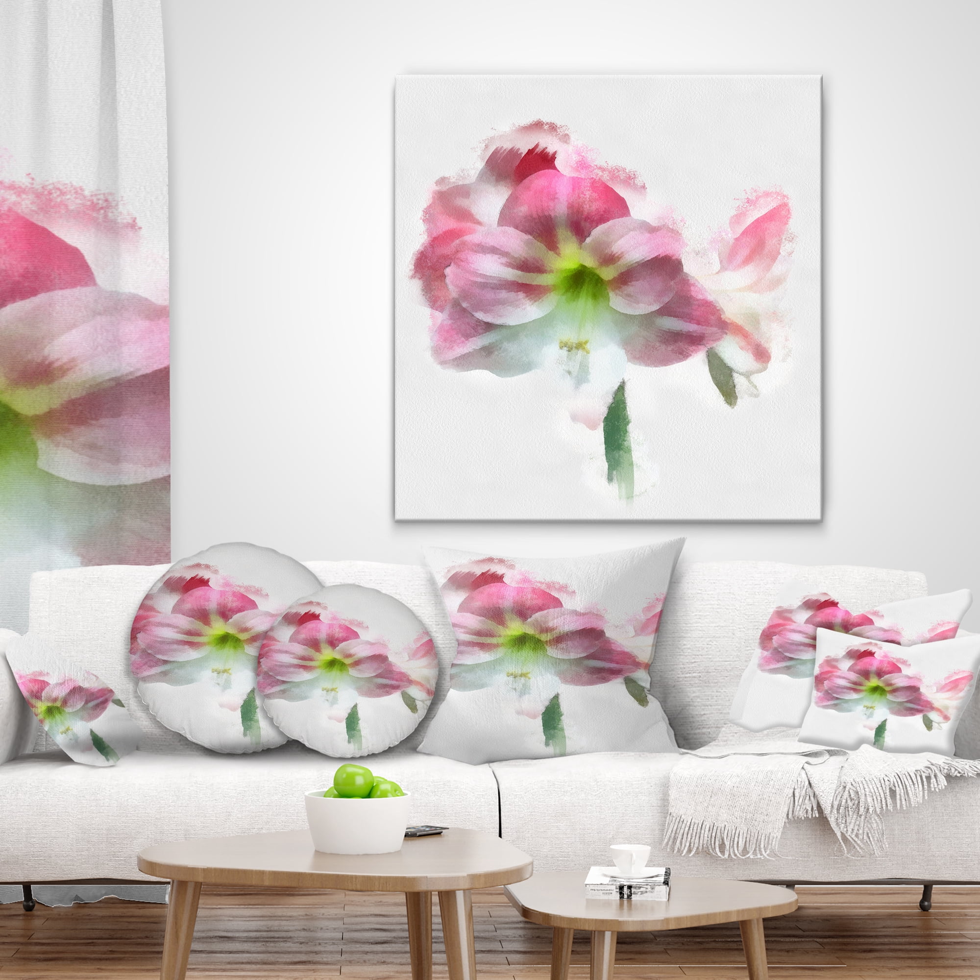 Designart Pink Lily Flowers on White Sketch - Floral Throw Pillow - 12x20