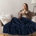 thumbnail image 5 of PAVILIA Soft Fleece King Bed Blanket Navy Blue, Large Fuzzy Plush Flannel Throw, Warm Cozy Ribbed Microfiber Blanket for Sofa Couch, Lightweight Striped Blanket, Navy, 108x90, 5 of 9