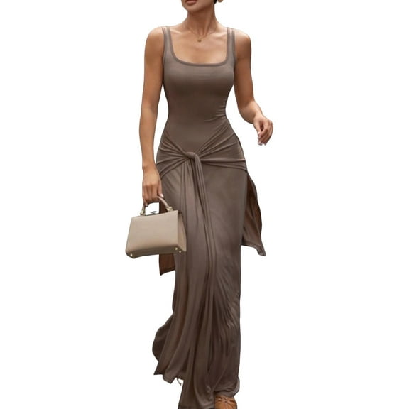 Women'S Summer Square Collar Sleeveless Tank Dress Sexy- Double Lined Bodycon Maxi Long Dresses Khaki M