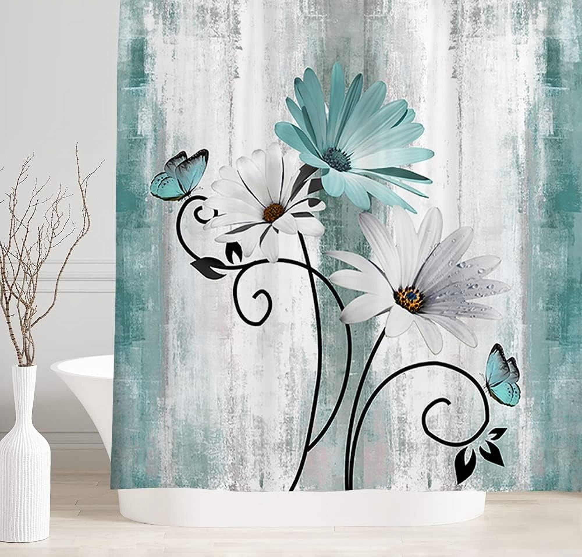 Rustic Farmhouse Shower Curtain, Farm Teal Daisy Floral Flowers and Butterfly on Country Wooden Shower Curtain for Bathroom, Turquoise Blue with 12PCS Hooks, 72X72IN