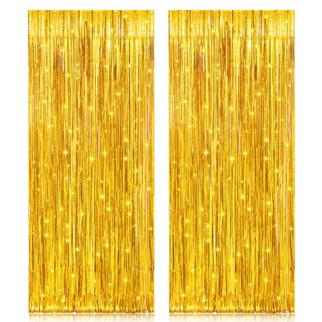 2 Pack 3.2ft x 6.5ft Cortinas de papel de aluminio metálico dorado, gran cortina de lluvia con flecos con purpurina láser para fotomatón