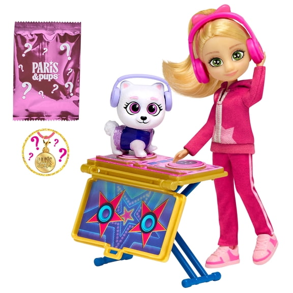 Paris & Pups Paris Star DJ Doll & Bijou Puppy Playset, 5-Inch Fashion Doll with DJ Accessories, Spinning DJ Deck, Collectible Charm & Trading Card, Kids Ages 4  by Playmates Toys