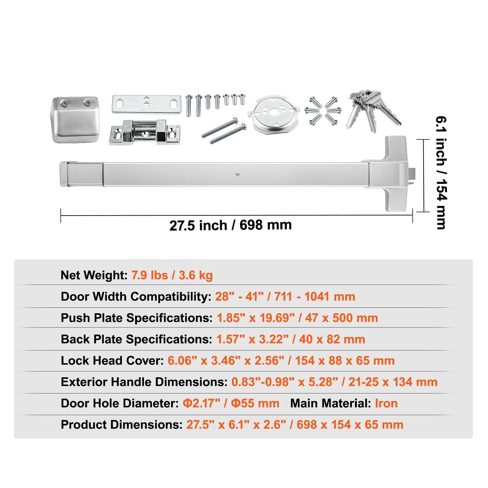 Heavy-Duty Push Bar Panic Exit Device with Carbon Steel, 27.5" Length, for Wood/Metal Emergency Doors