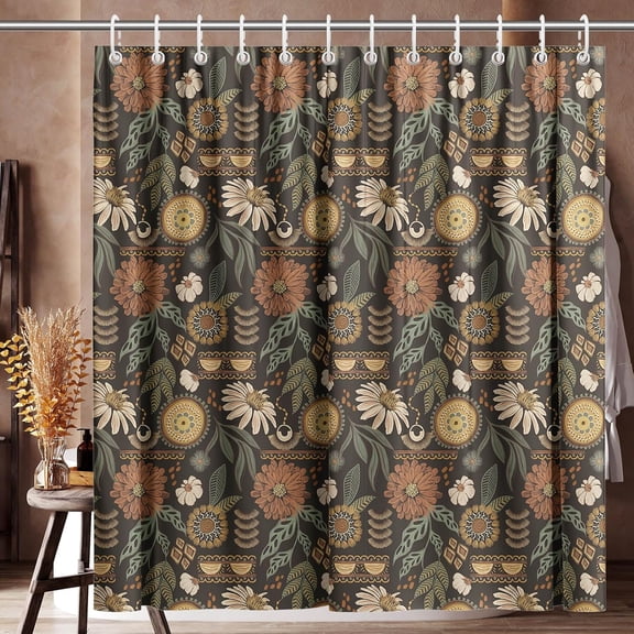 Boho Sun Floral Shower Curtain 72x72 Inches with Hooks, Vintage Botanical Bathroom Decor with Dark Flowers, Waterproof Bohemian Fabric Curtain for Retro or Modern Home