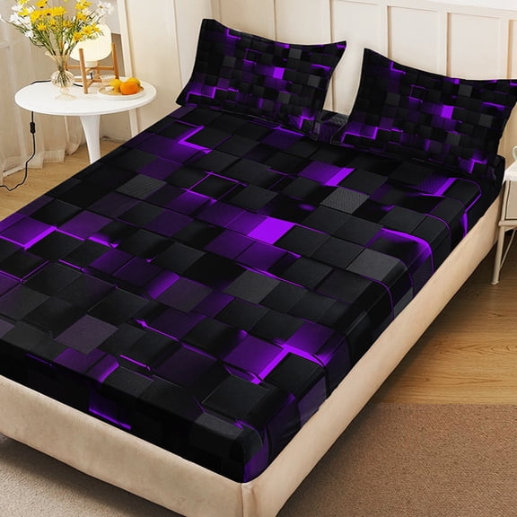 3PCS Plaid Print Bedding Set - Soft Fitted Sheet & Pillowcases, Deep Pocket Cool Pattern, Fade Resistant Easy Care(Purple,Twin)
