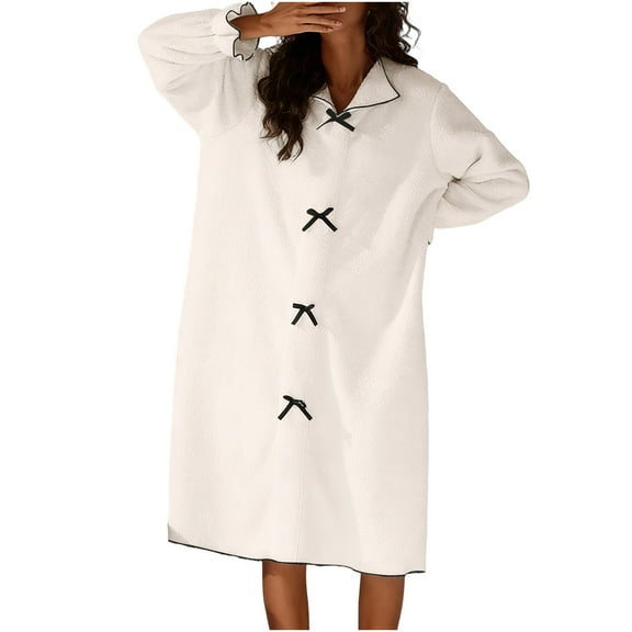 Wensltd Women's Winter Fleece Nightgown Warm Long Sleeve Round Neck Bowknot Medium Length Sleep Dress for Cold Nights