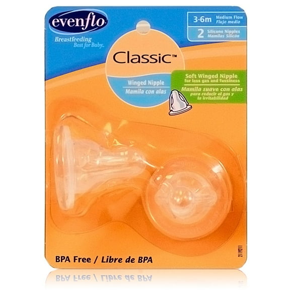 Evenflo 2 Pack Classic Winged Nipple, Medium Flow 3-6 Months